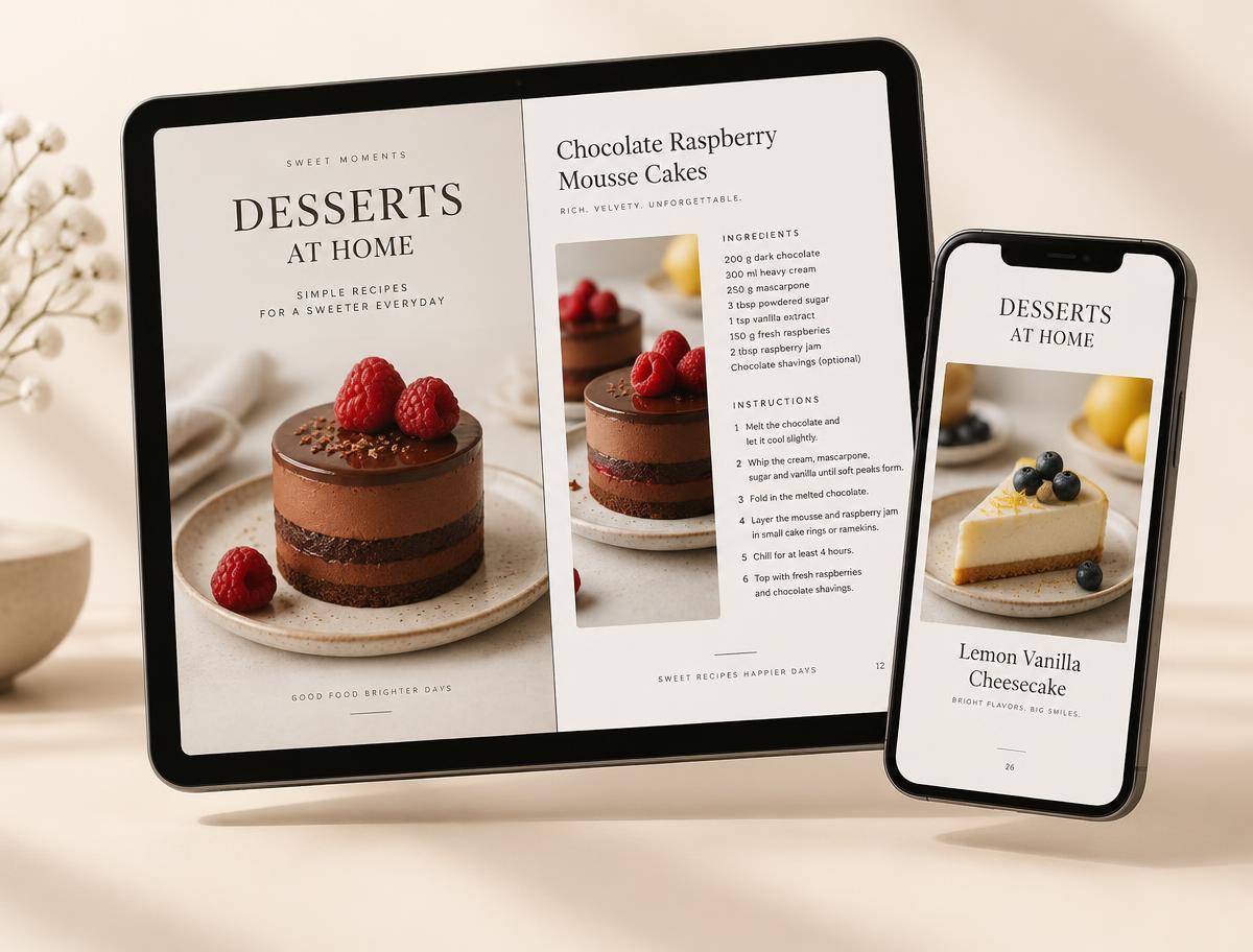 E-book de receitas aberto em um tablet e em um celular